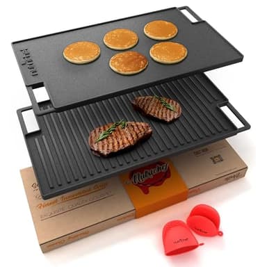 Nutrichef Plaque à Griller Réversible en Fonte-Plancha pour Induction-Poêle Gril et Plaque Lisse de 45,7 cm-Compatible avec Deux Brûleurs,pour Table de Cuisson à Gaz, Électriques et Vitrocéramiques