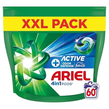 Ariel 4en1 PODS, Lessive Liquide En Capsules 60 Lavages, + Protection Active Contre Les Odeurs, Élimine même les odeurs de transpiration, même après 7 jours