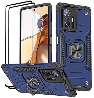 KANSi Coque pour Xiaomi 11T Pro 5G / Xiaomi 11T 5G, Verre Trempé [2 Pièces] + Housse TPU Silicone Rotation 360° Aimant Anneau Support Double Défense Protection Etui - Bleu