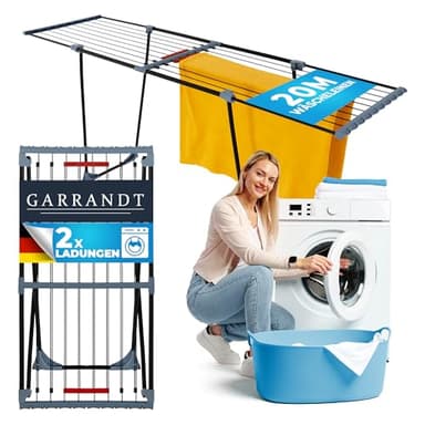 Garrandt Séchoir à linge extensible XXL, surface de séchage 20 m, stable, peu encombrant, avec pinces, support pour linge domestique, noir (Phoenix noir)
