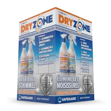 Dryzone Kit d'Élimination et de Prévention des Moisissures (3 x 450 ml sprays) - Solution définitive à long terme contre les Moisissures - pour Murs, Douches, Salle de Bain et Cuisine