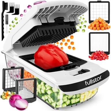 Fullstar Coupe Legumes Multifonction et Spiraliseur - Découpe en Cube - Hachoir Manuel pour Oignons Carottes Concombres Tomates Frites Pommes de Terre Fruits - Cuisine Accessoires (2-en-1 Blanc)