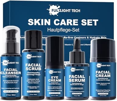 FULLLIGHT TECH Coffret de Soins Homme Anti-Âge, Nettoyant, Gommage, Sérum Rétinol, Crème Visage, Crème Yeux, Idée Cadeau Homme, Cadeau Papa