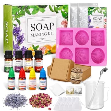 Kit de Fabrication de Savon,Savons à Faire Soi-Même avec Formes,4 Pigments,4 Huiles Essentielles,Kit Savon a Faire Soi Meme,Convient aux adultes et aux enfants - Idée Cadeau pour Anniversaire et Noël