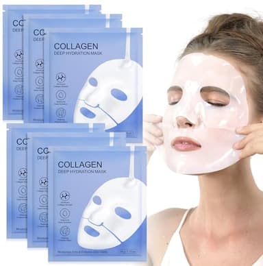 Masque Collagène, 6 Pièces Masque Collagene Visage Korean, Masque Hydratant Anti-rides Liftant, Masque au Collagène Anti-âge et Resserrant les Pores