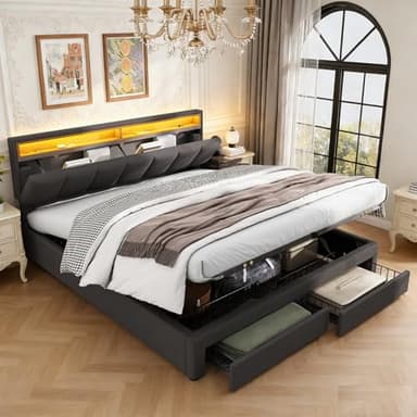 Lit Double rembourré 160 x 200 cm, lit coffre avec sommier et LED, Lit capitonné avec grand espace de rangement et 2 Tiroirs, Cadre de lits avec sommier à Lattes pour Adulte Adolescent (160x200)