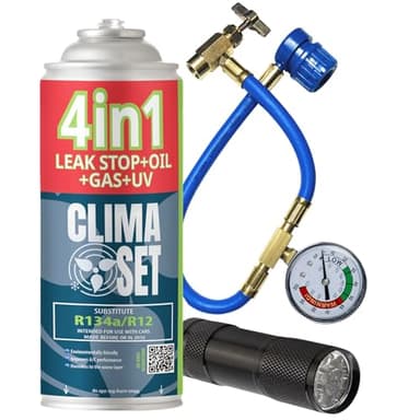 CLIMASET - KIT complet AC R134a 4 en 1, remplacement du gaz, pour voitures de 1994 à 2016 - Solution de climatisation - Kit complet - Scellant, colorant UV, réfrigérant - avec câble et lampe UV