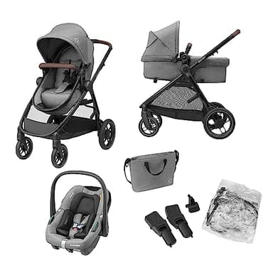 Maxi-Cosi Zelia S Trio Poussette 3 en 1, 0 à 4 Ans, Jusqu'à 22 kg, Poussette Bébé Pliable, Compacte et Inclinable, avec Siège Auto Bébé CabrioFix S i-Size, Accessoires, Sac à Langer, Gris