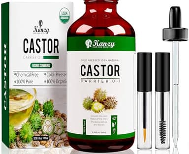Kanzy Huile de Ricin Bio, Pressée à Froid Pure, Soin 100% Naturel Accelerates, Fortifie Des Cheveux, Barbe, Cils, Sourcils, Ongles, Cuticules la Pousse, Hydrate la Peau et Les Cheveux Castor Oil 100ml