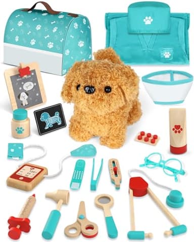 Malette Docteur Enfant, Vétérinaire Enfant en Bois, Malette Docteur avec Chien la Peluche, Jouet Fille 3 Ans(Vert)