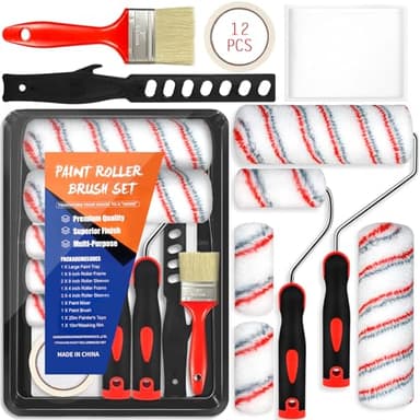FAMKEEP Lot de 12 Pinceaux Peinture et Rouleaux Peinture Murs et Plafonds,Comprend un Bac à Peinture,Grattoir Multifonction, Agitateur et des Manchons Grands et Mini pour Décoration