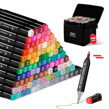 Feutres à Alcool Professionnels 100 Couleurs – Sèchent Rapidement, Couleurs Intenses et Durables, Twinmarkers Double Pointe pour Coloriage Adulte, Art, Croquis et Écriture, avec Base et Sac Rangement