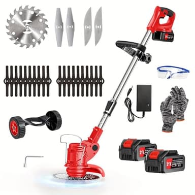 Débroussailleuse Electrique sans Fil 21V 4.0Ah Coupe Bordure avec 2 Batterie et Chargeur Taille Bordure avec Roues & 3 Types De Lames,Légère à Faible Bruit pour La Coupe De Jardin, Pelouses Arbustes