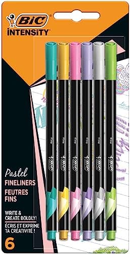BIC Intensity Stylo Feutre d'écriture Pointe Fine et Corps Noir Verni - Couleurs assorties pastel, Blister de 6