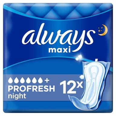 Always Maxi Serviettes Hygiéniques, ProFresh Night, 12 Serviettes Sans Ailettes, Flux Très Abondants Nuit, Cœur Ultra Absorbant et Neutralisation des Odeurs