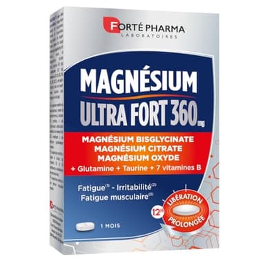 Forté Pharma - Magnésium Ultra Fort 360mg - Complément Alimentaire - Magnesium complex (bisglycinate, citrate) - Taurine, Vitamines B6 B12, Glutamine - Fatigue, Système nerveux - 30 comprimés, 1/jour