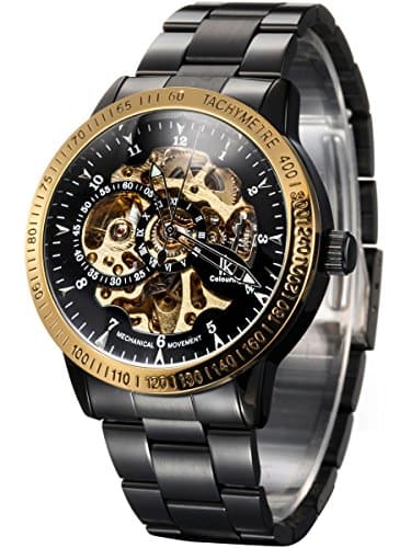 Alienwork IK Montre Automatique Homme Femme Noir Bracelet en Métal Acier Squelette Fond de Verre