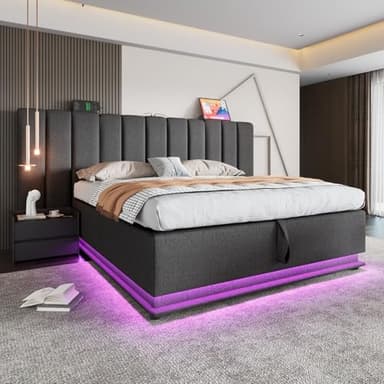 KOMHTOM Double Rembourré Lit Coffre avec Bande Lumineuse LED et Port de Charge, Lit de Rangement avec Sommier à Lattes(sans Matelas) (Gris-Lin, 180×200CM)