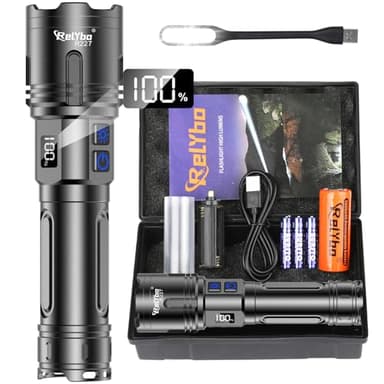 Relybo Lampe Torche LED Ultra Puissante 1,000,000 Lumens, XHM90.2 Lampe De Poche Rechargeable USB C, IPX6 Lampe Tactique Torches, 2 Interrupteurs Variation Infinie Flashlight, Pour Camping et Urgences