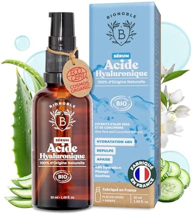 BIONOBLE Sérum Visage Acide Hyaluronique Pur certifié Bio - Soin Hydratant Anti-Âge, Anti-Rides - Serum Acide Hyaluronique Visage - Bouteille en Verre, Pompe - Hyaluronic Acid Made in France - 50ml
