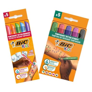 BIC Kids - Kit pour tatouages temporaires : stylos, pochoirs et tampons à encre sans parfum testée sous contrôle dermatologique - Pack de 5 stylos + 10 pochoirs+ 5 tampons