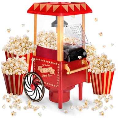 NK Machine Pop Corn Rétro 1.200W à Air Chaud - Machine à Popcorn Électrique Sans Huile, 0.3L, Prête en 2 Min, Compacte et Vintage, Idéale pour la Maison (Rouge)