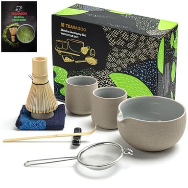 TEANAGOO Matcha Whisk Set Matcha Bowl avec Spout moulé en bambou Matcha Whisk Scoop Matcha Whisk Holding Tee Making Kit. 1 set de thé japonais (7pcs) + 2 tasses (7,2oz), S2, gris foncé