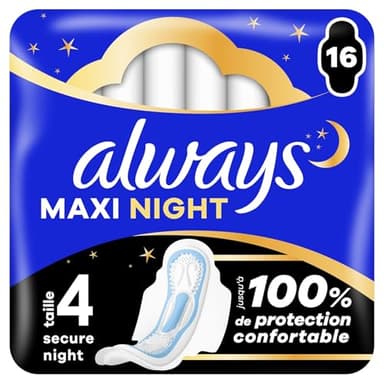 Always Maxi Serviettes Hygiéniques, Taille 3, Night, 16 Serviettes Avec Ailettes, Flux Très Abondants Nuit, Cœur Ultra Absorbant et Barrières Anti-Fuites