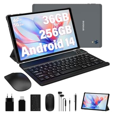 RUSHAR Tablette 10,4 Pouces Android 14 avec 36GB RAM+256GB ROM (2TB TF),Tablette 4G LTE/SIM+5G WiFi,Octa-Core 2.0GHz,INCELL 2000 * 1200,8000mAh,13MP+8MP,Tablette avec Clavier etc,GPS/Bluetooth,Gris