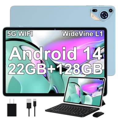 Tablette Android 14 avec 22 GO + 128 GO (Extensible jusqu'à 1 To), 5G WiFi, Tablette Tactile 10 Pouces avec GPS, Widevine L1, 8 Cœurs, 8000mAh, Tablette avec Clavier + Souris et Cas, Bleu Menthe