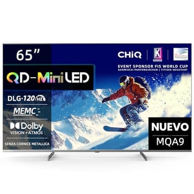 CHiQ Téléviseur M65QA9 Mini QLED 4K 65 Pouces Smart TV, MEMC 60 Hz Local Dimming, DLG 120 Hz, HDR10, Chromecast intégré