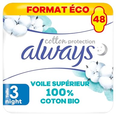 Always Cotton Protection Ultra Night (Taille 3) Serviettes Avec Ailettes x48, Voile 100% Coton Biologique