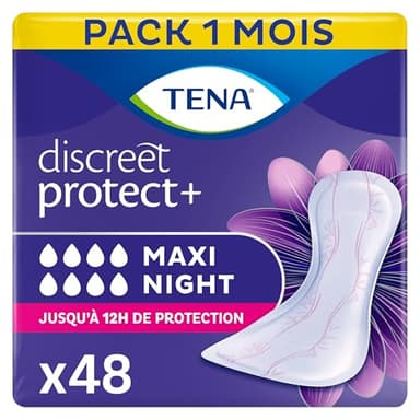 TENA Discreet Maxi Night – Serviettes Incontinence Femme - Post-accouchement - Protections Absorbantes pour Fuites Urinaires Modérées à Fortes - 48 Serviettes (Pack 1 Mois)