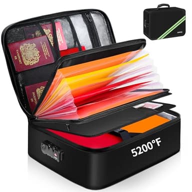 Noiposi Boîte à documents ignifuge avec 2 870 °C - Isolation thermique - Étanche et ignifuge - Serrure - Boîte de rangement portable pour documents importants, noir, M