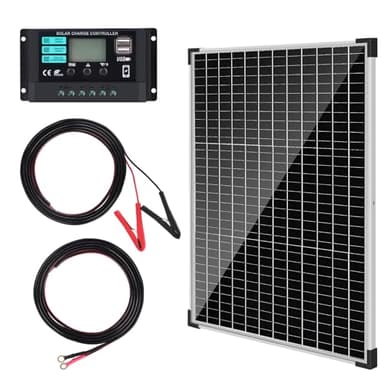 【50W Panneau Solaire 12V Kit】DERUXI 50W 12V Monocristallin Panneau Solaire Set, 50W Panneau Solaire Régulateur de Charge 10 A, Câble avec Pinces Crocodiles, Batterie Câble, pour Véhicules/Toits/Bateau