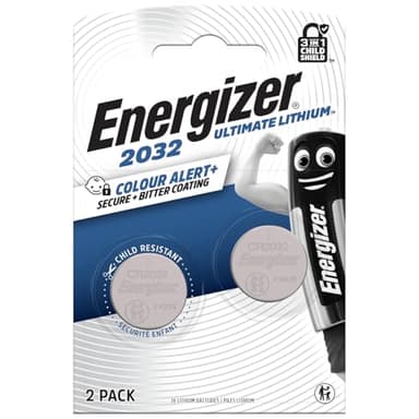 Energizer Ultimate Lithium - CR 2032 Pile Bouton (Lot de 2) - Piles 3V - La 1ére pile bouton sécurité 3 en 1 Child Shield - technologie d'alerte couleur - Conservation 12 ans