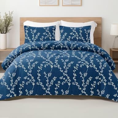Exclusivo Mezcla Ensemble de Couette sans Housse avec 2 taies d'oreiller, 220x230 cm Housse de Couette réversible Toutes Saisons avec Motif Floral, légère et Chaude, Bleu Marine