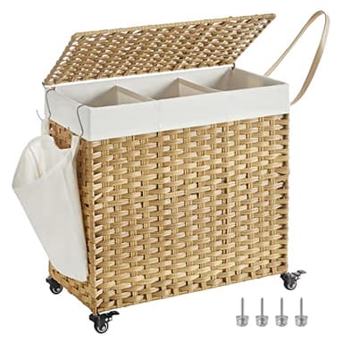 SONGMICS Panier à Linge avec Couvercle, 140L, Corbeille Linge Sale Tressé, avec roulettes, 3 Compartiments, Sac Intérieur Amovible, pour Buanderie, Chambre, 66 x 33 x 66 cm, Couleur Boisée LCB363N01