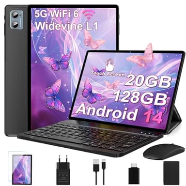 Tablette 10 Pouces Android 14 Tablettes avec 20Go RAM+128Go ROM(TF Extensible 2To), WiFi 6, 5G+2.4G WiFi, Octa-Core, Widevine L1, Bluetooth5.0, GMS Tablette Tactile avec Clavier+Souris et Cas-Noir