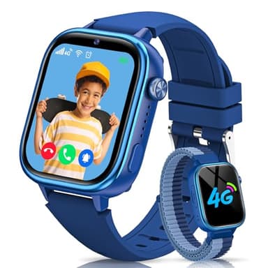 RUXINGX Montre Connectée Enfant GPS, 4G Montre Intelligente avec Carte Sim/SOS/Mode Classe/Appels Vidéo/Chat Vocal/Téléphone/Podomètre/Réveil/Jeux, IP68 Étanche Smartwatch pour Garçons Filles, Bleu