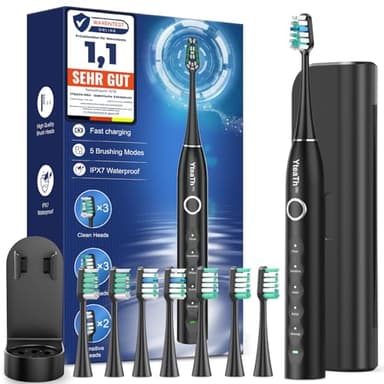 Brosse À Dent Électrique Soniques Adulte avec 8 Têtes - Brosse A Dent Sonique Adulte avec Étui de Voyage, 5 Modes, Étanche IPX7, Brosse A Dent Electrique de Voyage Rechargeable, Noir Mat