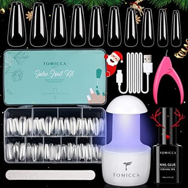 TOMICCA Capsule Americaine Ongle-Pose Americaine Ongle Kit, 500 PCS Capsules Ongle Ballerine Long,Portable Lampe UV Ongle Et 15ML Colle Faux Ongles, Ongle Gel Kit Complet
