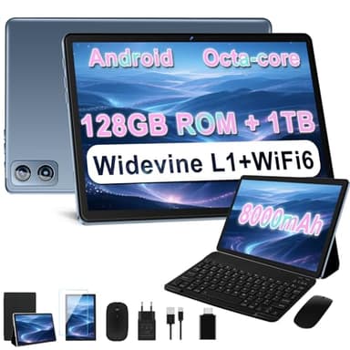 Dghrti 2025 Tablette Tactile 10 Pouces Android Tablet, 22Go+128Go ROM/TF 1TB, 8000mAh, UFS 2.1 Flash, Octa-Core 2.0GHz, WiFi 5G+2.4G, BT5.0, 8MP+5MP, Widevine L1, avec Clavier Souris - Gris