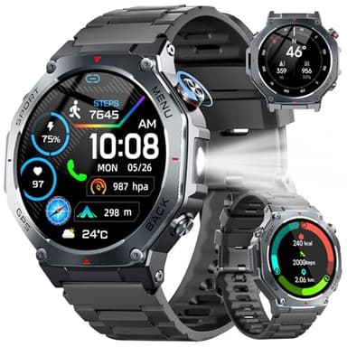 Montre Connectée Homme Femme GPS, 1.43" AMOLED Smartwatch Fréquence Cardiaque Sommeil SpO2 Podometre, Montre Sport avec 160+ Modes, Appel Bluetooth, 5ATM Étanche, Torche LED, Compass Android iOS Noir