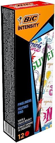 BIC Intensity Stylo Feutre d'écriture Pointe Fine et Corps Noir Verni - Rouge intense, Boîte de 12