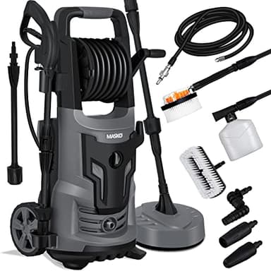 MASKO® Nettoyeur Haute Pression 2200 Watts 165 Bar 450 l/h, avec Bobine Enrouleur 10m de Tuyau 9.TLG. Set d'accessoires, avec Bouteille de Savon buse à Mousse, Pistolet Haute Pression, Gris