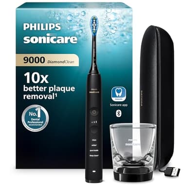 Philips Sonicare DiamondClean 9000 - Brosse à dents électrique avec application, capteur de pression, 4 modes de brossage, 3 niveaux d'intensité, verre de charge, coffret voyage USB, noir, HX9911/09