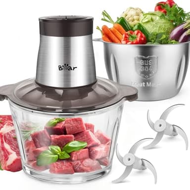 Bear 2L+1.8L Hachoir Électrique En Acier Inox, 600w 2 Vitesses, 4 Lames En Acier Inoxydable, Coupe Julienne Dans Un Récipient En Verre Pour La Viande, Les Aliments Pour Bébés, Les Fruits, Les Légumes