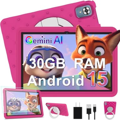 Tablette Enfants 10 Pouces Android 15 avec 30Go RAM (TF 2To), 5G WI-FI 6, Widevine L1, Contr ô le Parental, 8-Core, Tablette Tactile avec Coque Antichoc EVA + Support Rotatif à 360°, Rose Rouge