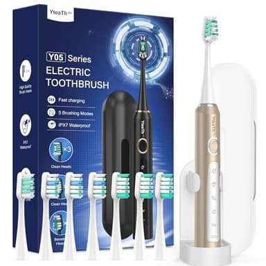 Brosse À Dent Électrique Soniques pour Famille - Brosse A Dent Sonique Adultes Enfant avec 8 Têtes et Étui de Voyage, 5 Modes, Étanche IPX7, Brosse A Dent Electrique de Voyage Rechargeable, Or Givré